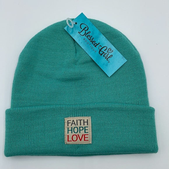Knit Beanie‎ Hat - Blessed Girl - Teal Blue - “Faith Hope Love” - Picture 1 of 3